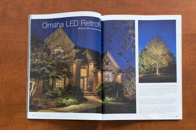 Landscape Architect & Specifier News Article featuring McKay Landscape Lighting's Halogen to LED conversion Omaha NE Landscape Architect & Specifier News Article featuring McKay Landscape Lighting's Halogen to LED conversion Omaha NE