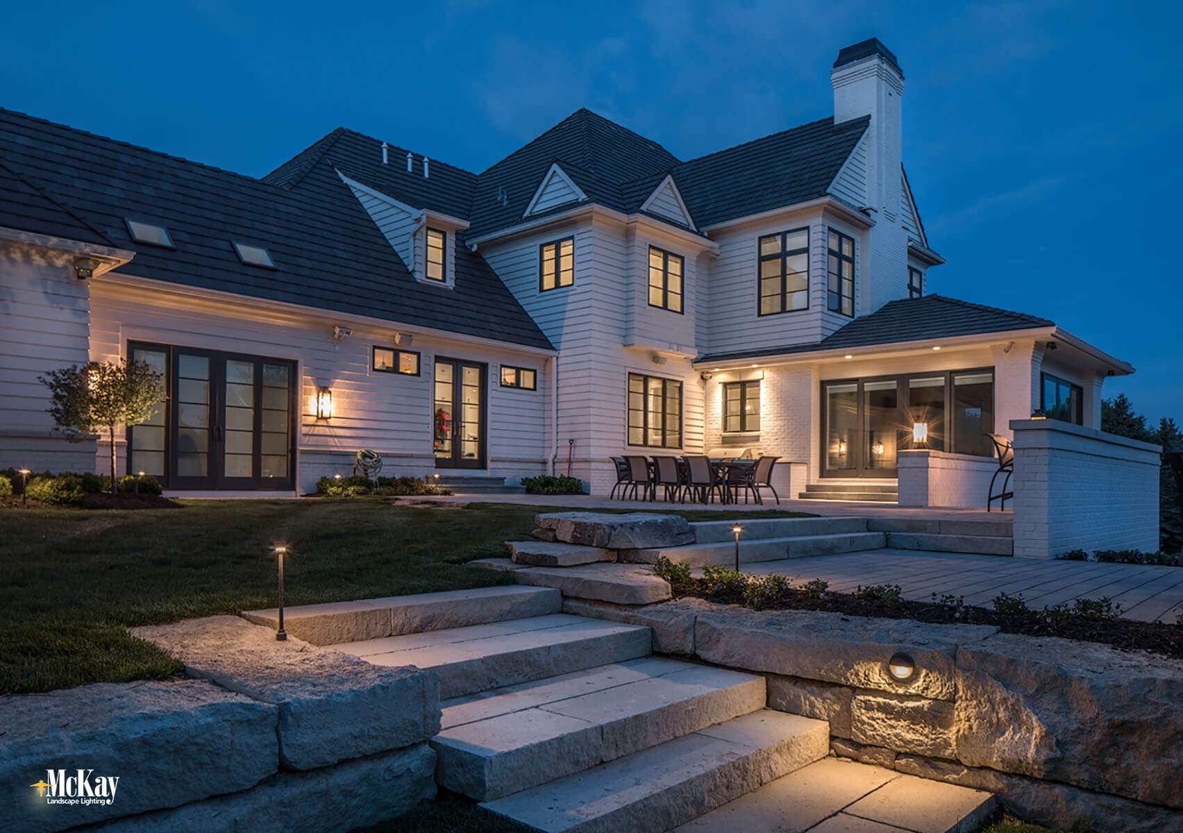Outdoor Deck & Patio Stair Lighting: Lighting stairs, walkways, and changes in elevation not only adds ambiance but helps prevent trips and falls. Click to see more deck & patio lighting ideas... McKay Landscape Lighting - Omaha, Nebraska